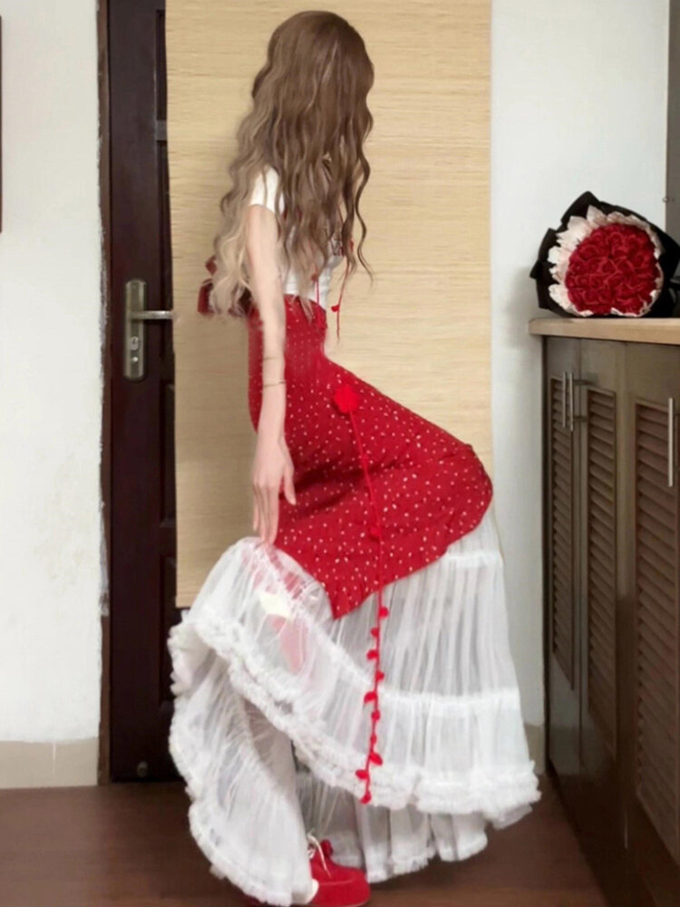strapless open back dress Red Ditsy Floral Sophia Midi Dress