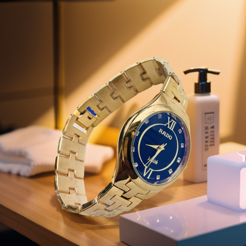 Quartz Blue Glass Black Dial Golden Waterproof Watch For Women. 