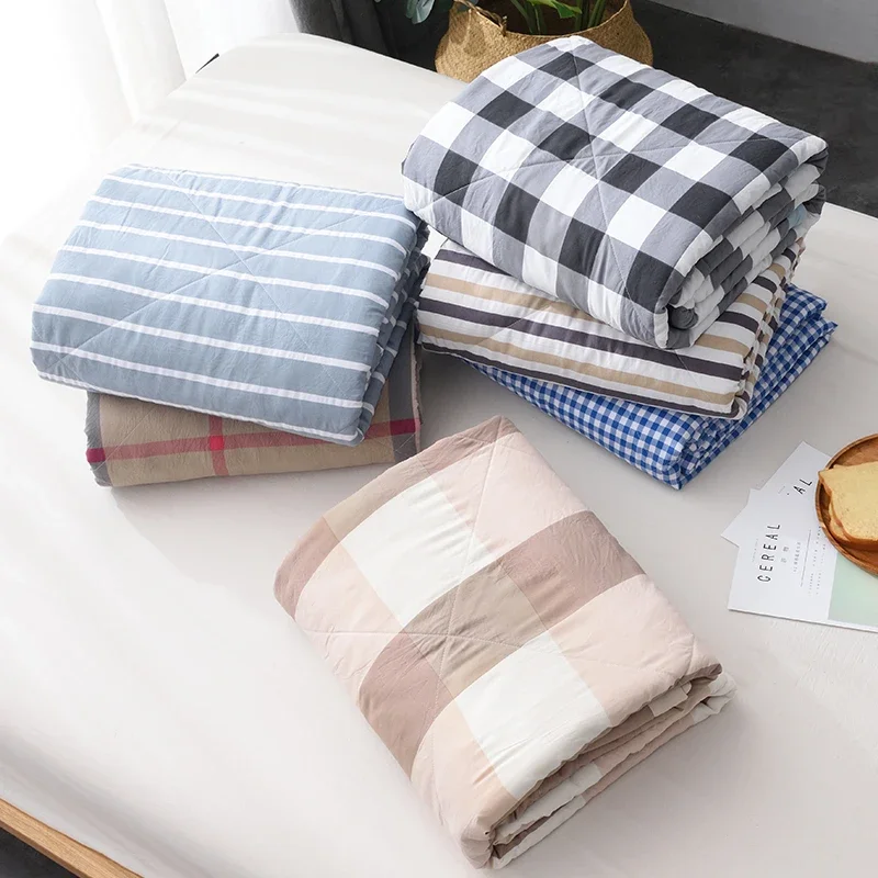 MUJI Style Washed Cotton Summer Quilt Pure Cotton Striped Air Conditioning Quilt Summer Single Student Dormitory Double Summer Cool Plaid Quilt