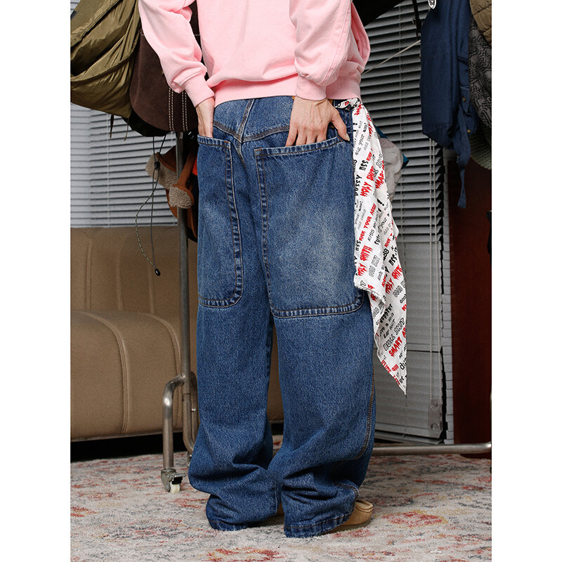 กางเกงยีนส์ทรงหลวมขากว้างสำหรับผู้หญิงใส่ไปทำงาน กางเกงยีนส์สีน้ำเงินเข้มสไตล์ย้อนยุคแบบอเมริกันพร้อมกระเป๋าใหญ่สำหรับเต้นรำบนท้องถนน