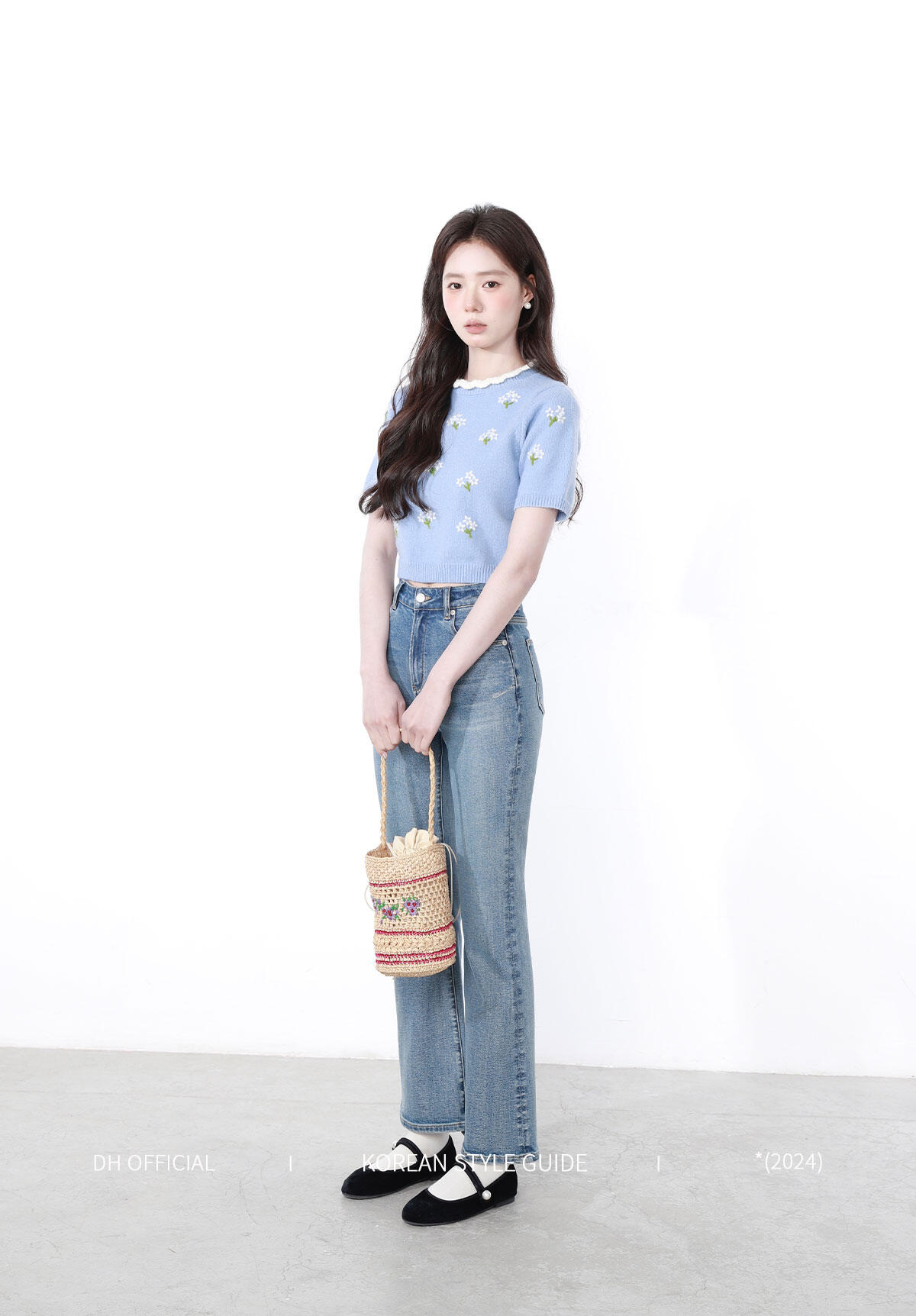 High Waist Flared Jeans Women's Spring Blue Cotton Stretch Denim Floral Print Supermodel Pants Straight Leg Trousers · v2