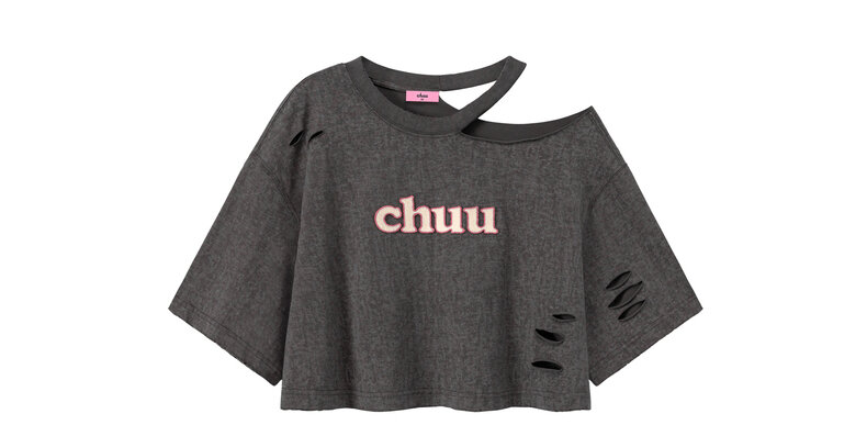 Chuu Letter Patch Embroidery Hole T-Shirt Women's Summer New Basic School Hollow out Shoulder Loose Top Asymmetrical Korean Style Cotton Polyester · v2