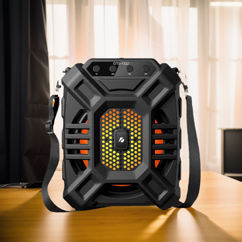 GTS-1222 Bluetooth Speaker With Mic GTS-1222 bluetooth speaker, wireless speaker with mic, RGB speaker, bluetooth FM speaker, party speaker, SD card speaker, AUX speaker. 