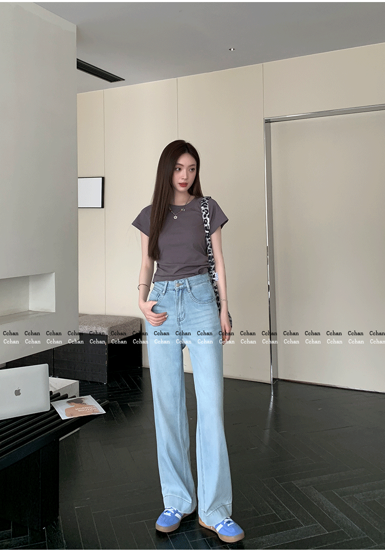 Out of Print Contraction Trouser ~ Glacier Blue Straight-leg Narrow Version Denim Women's Summer Thin High Waist Loose Mop Wide-Leg Pants