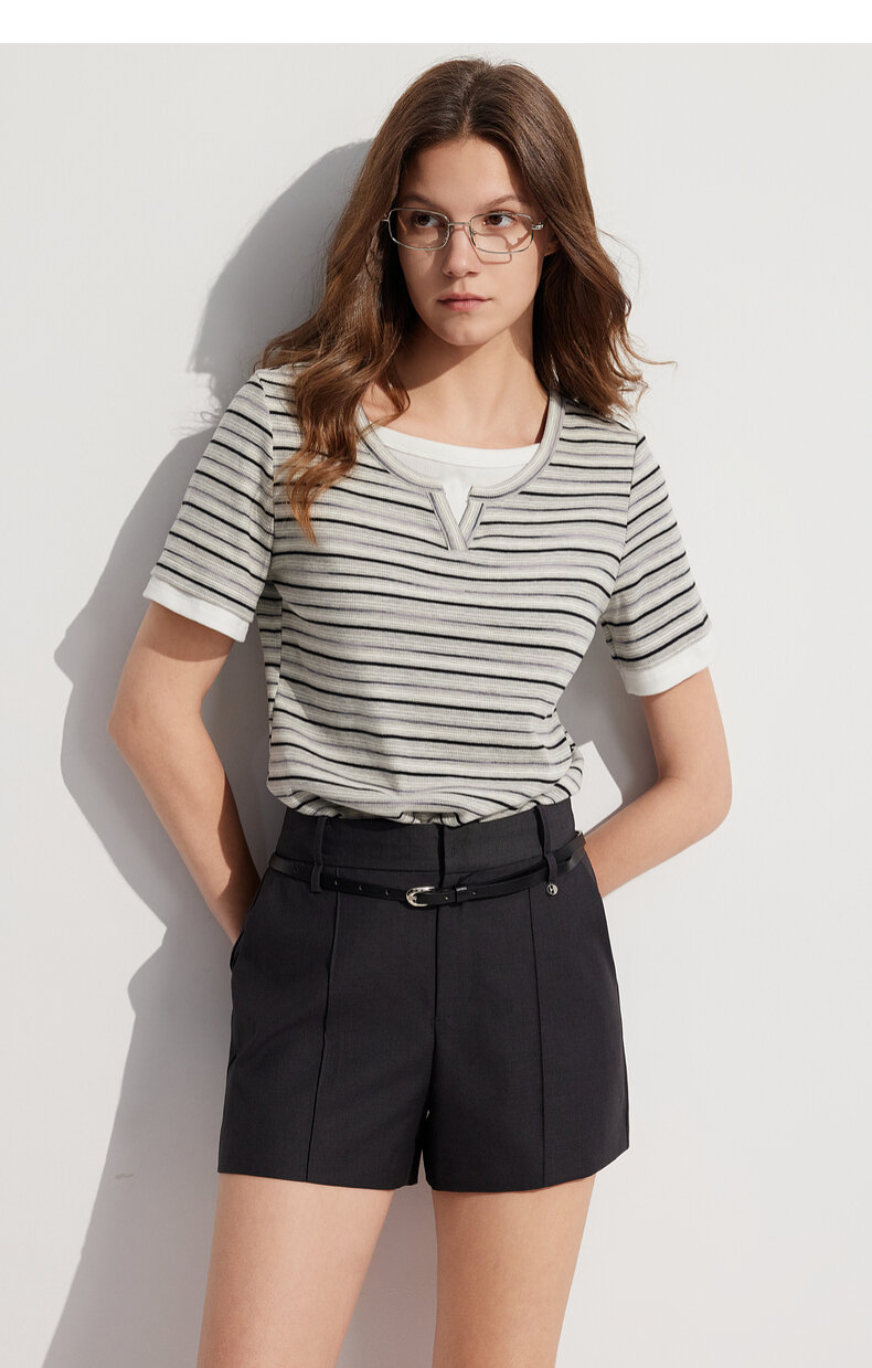 ELLE French Design Splice Color Striped Short Sleeve T-shirt for Women Simple Casual Summer 2024 New Arrival