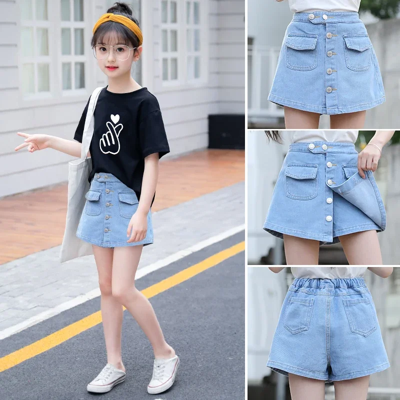 Girls' Denim Shorts Summer 2021 New Children's Middle and Big Children Girls' All-Matching Western Style Outerwear Skirt Pants Suit