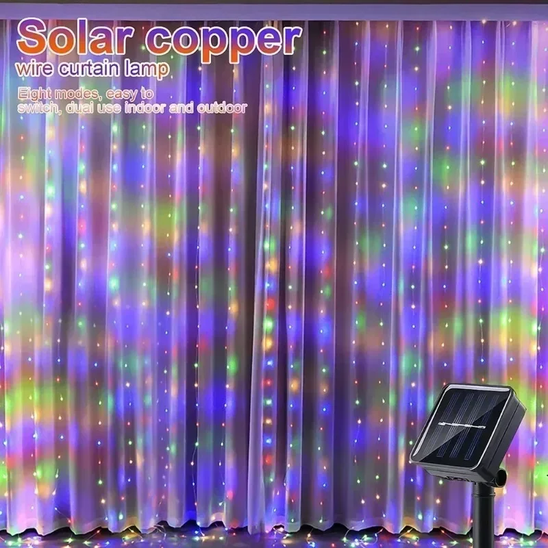 3M Solar 100/200/300LED Curtain String Lights 8 Modes Waterproof for Garden Wedding Christmas Party Decoration
