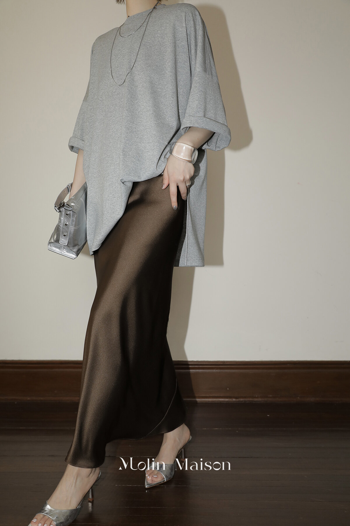 Molin ROW Batwing Sleeve T-Shirt Women's Loose Side Slit Oversize Summer Short Sleeve Cotton Polyester Blend round Neck Top