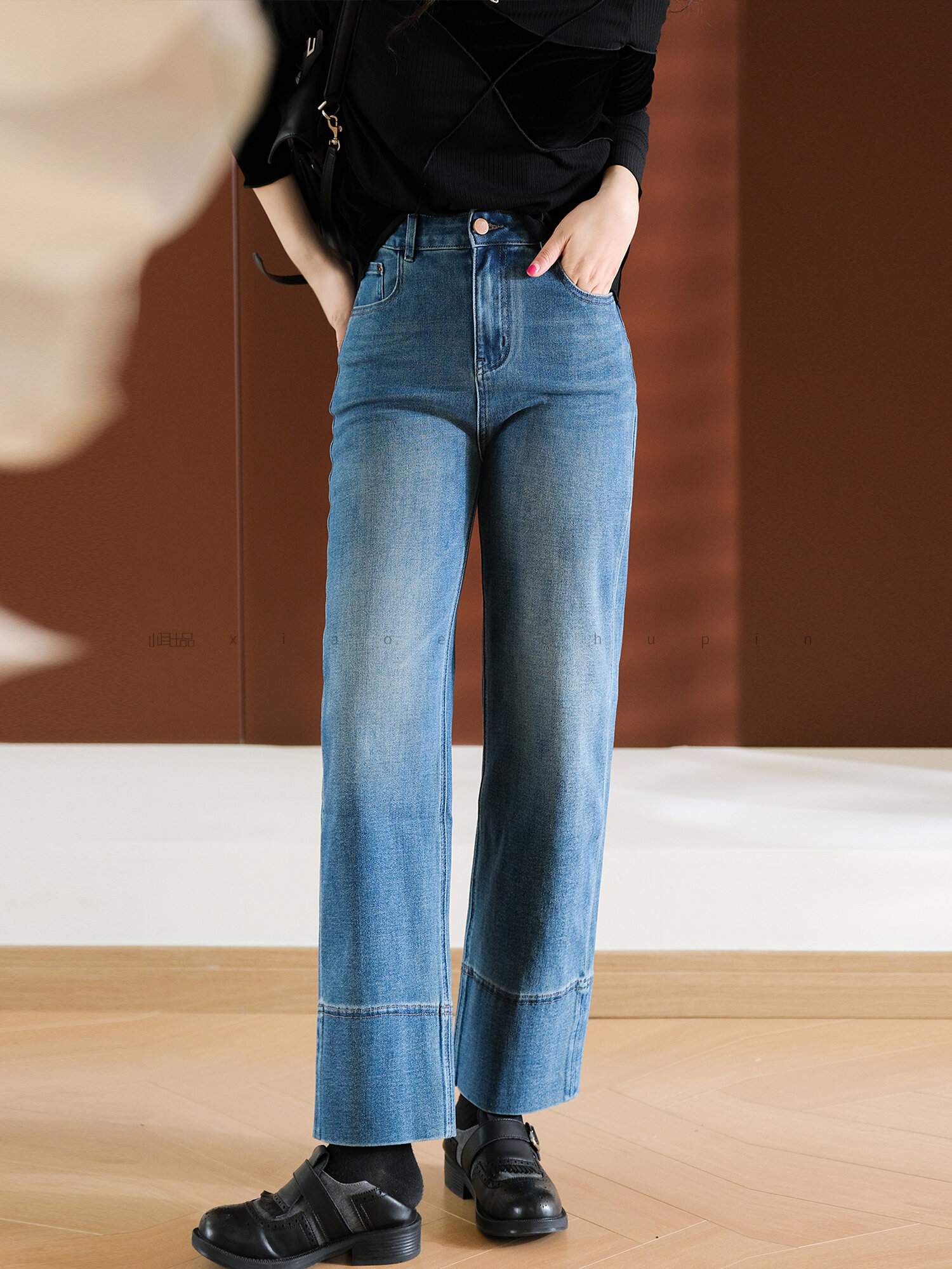 Slimming Straight Leg Jeans Women's Wide Hem Mixed Fiber Cotton Denim Pants Long Leg Effect Autumn Fashion Natural Waist Zipper