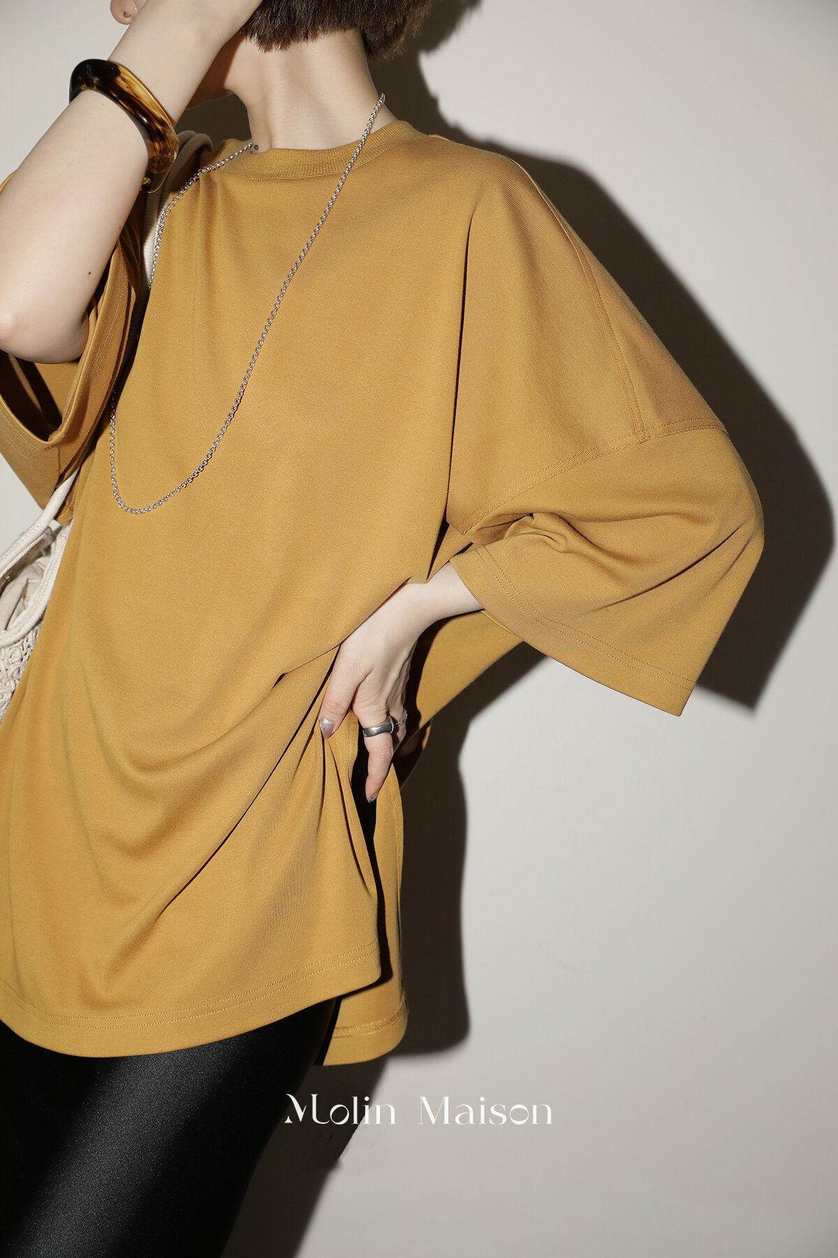 Molin ROW Batwing Sleeve T-Shirt Women's Loose Side Slit Oversize Summer Short Sleeve Cotton Polyester Blend round Neck Top