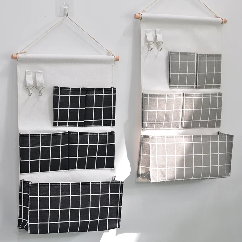 Black-and-White Three-Dimensional Five-Pocket Hanging Bag Dormitory Fabric Cotton Linen behind the Wall Door Wall Hanging Storage Hook Pocket Storage Organization Bag
