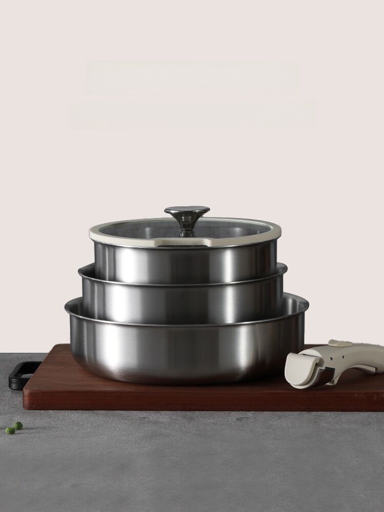 Carote Stainless Steel Non-Stick Removable Handle Frying Pan Milk Pot Set Home Use Cookware Set Single Layer Thick Bottom. 