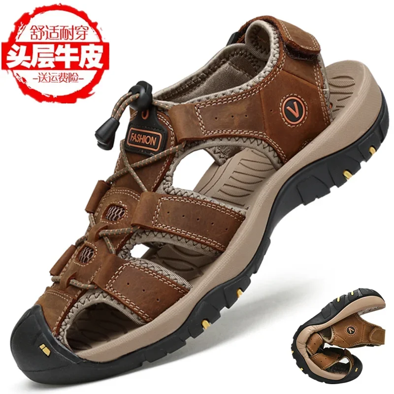 2020 New Summer Closed Toe Sandals Men's Leather Outdoor Sports Casual Shoes Slippers Men's plus Size Beach Shoes