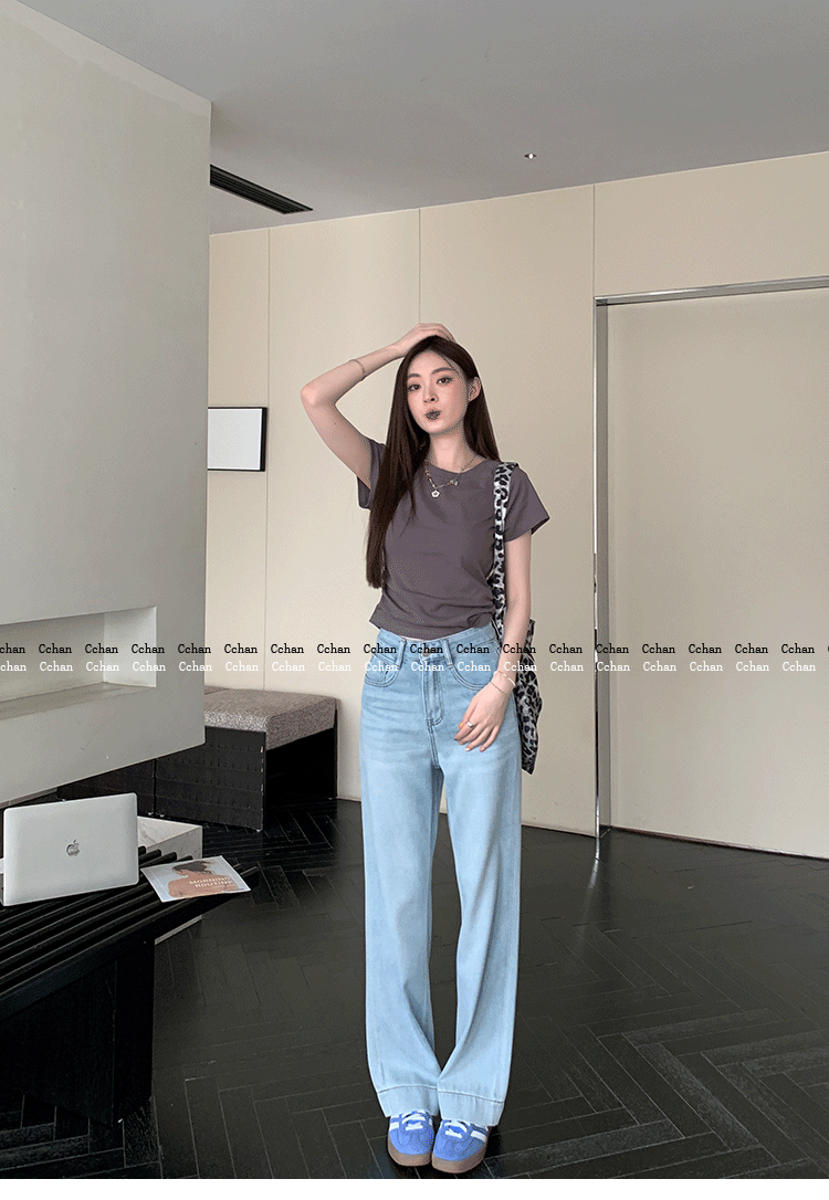Out of Print Contraction Trouser ~ Glacier Blue Straight-leg Narrow Version Denim Women's Summer Thin High Waist Loose Mop Wide-Leg Pants