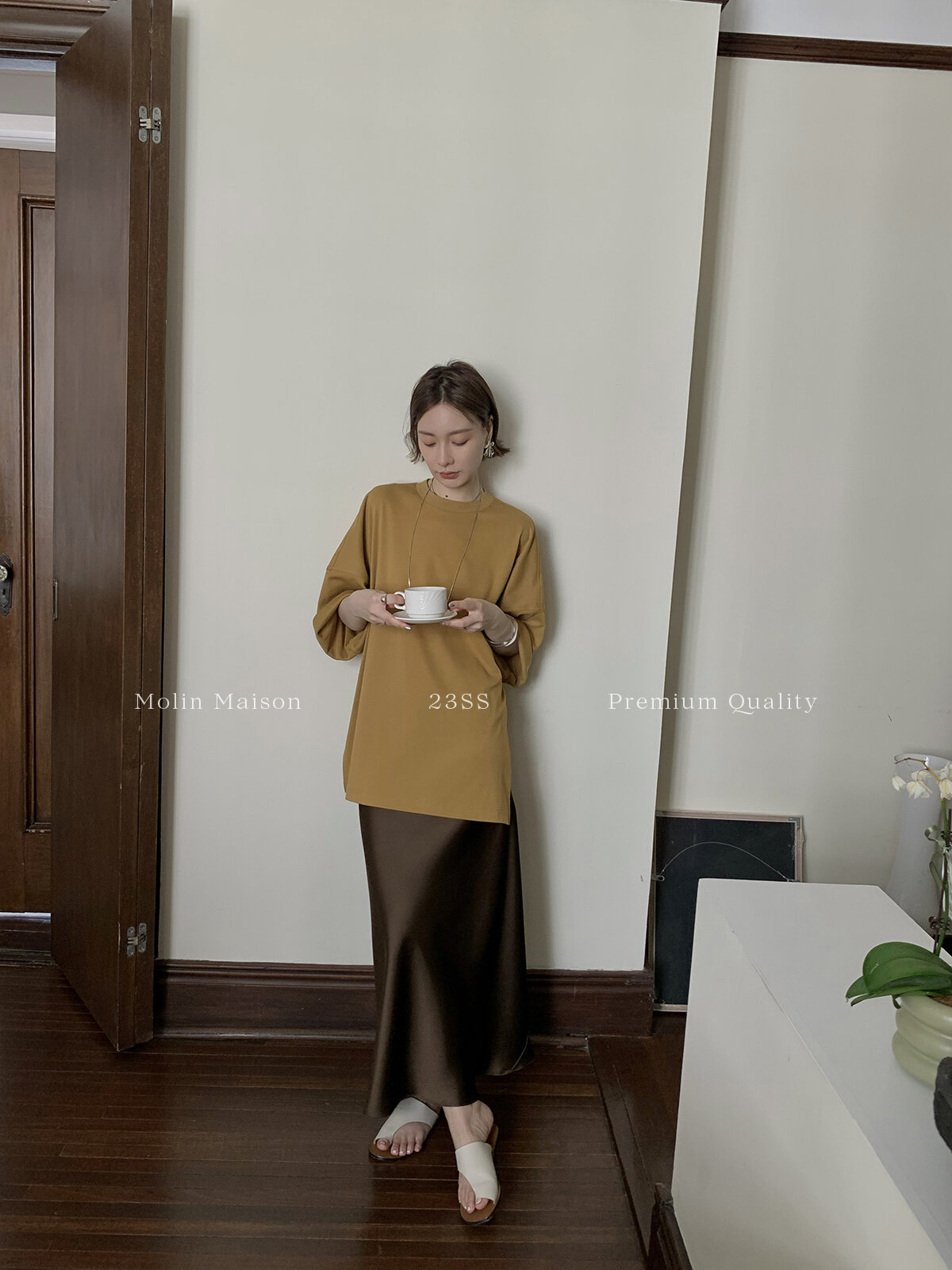 Molin ROW Batwing Sleeve T-Shirt Women's Loose Side Slit Oversize Summer Short Sleeve Cotton Polyester Blend round Neck Top