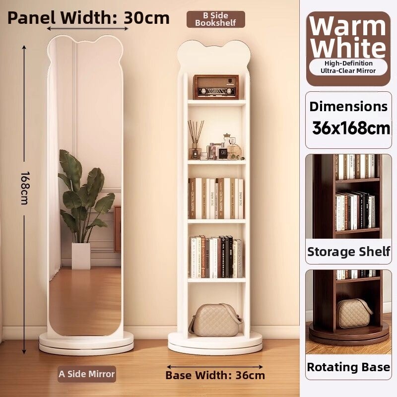 Rotatable Movable Full-Length Floor Mirror Bookshelf