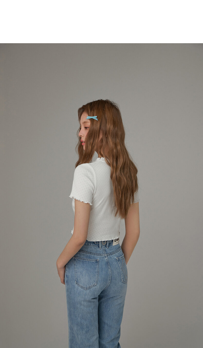 Chuu Butterfly Knot Embroidery Short Sleeve T-Shirt Women's New Summer Spicy Hollow out Ear Short Top Korean Style Cotton V-neck