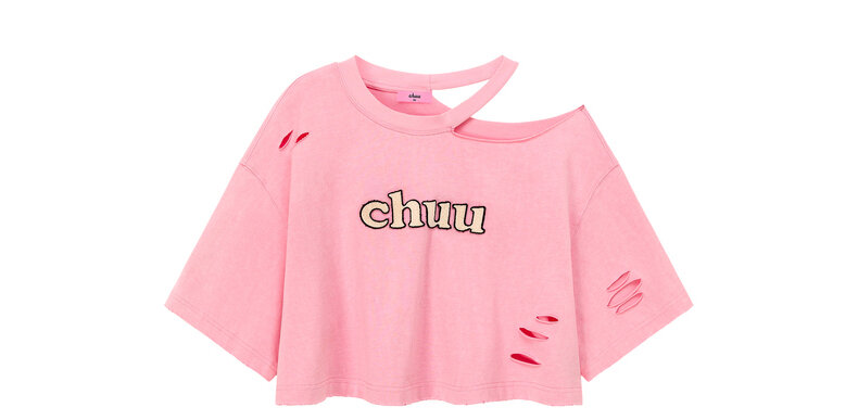 Chuu Letter Patch Embroidery Hole T-Shirt Women's Summer New Basic School Hollow out Shoulder Loose Top Asymmetrical Korean Style Cotton Polyester · v2