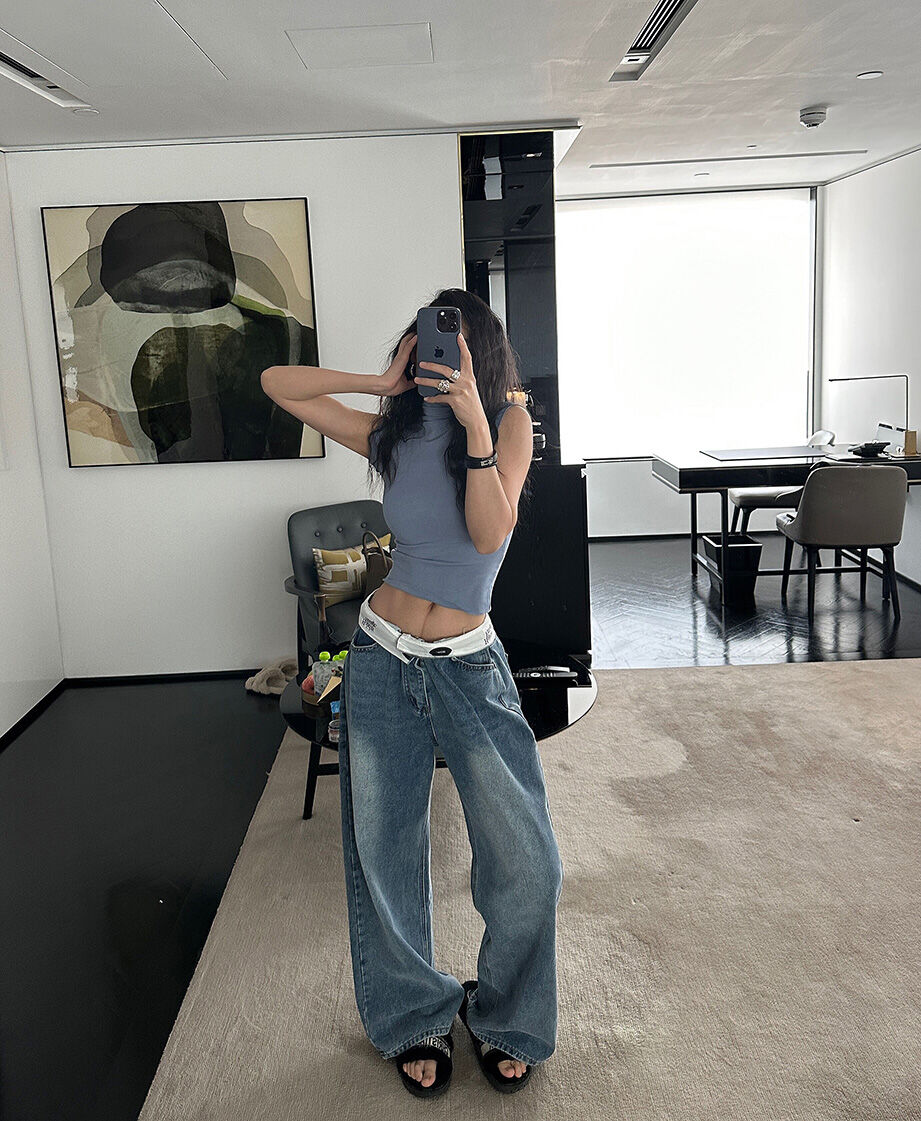 DQSTORE Jeanshose für Damen mit hoher Taille und weitem Bein, hellfarbiges Baumwollmaterial, Frühlings- und Sommersaison, ideal für Geburtstagsfeiern von 18-24