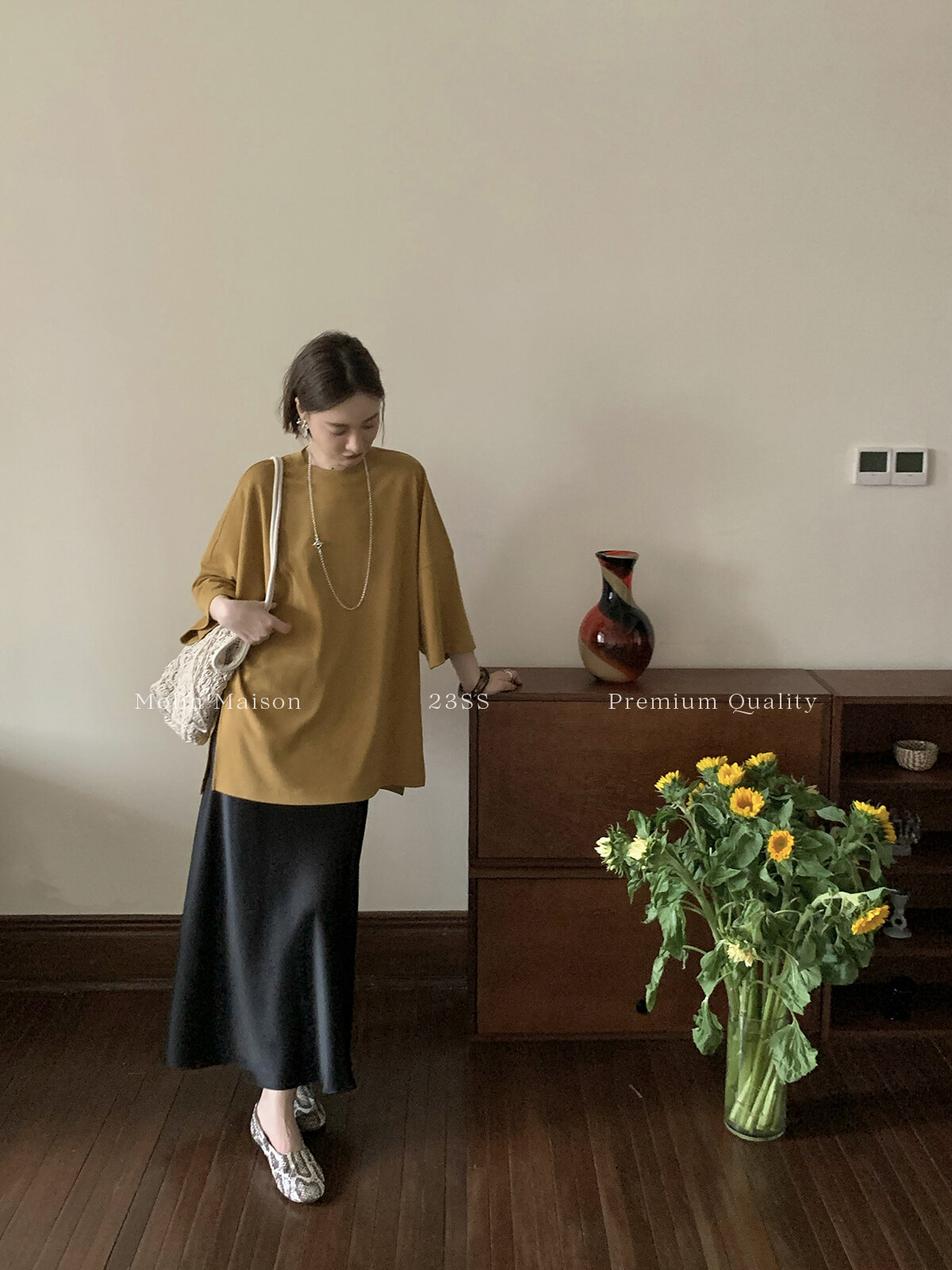 Molin ROW Batwing Sleeve T-Shirt Women's Loose Side Slit Oversize Summer Short Sleeve Cotton Polyester Blend round Neck Top