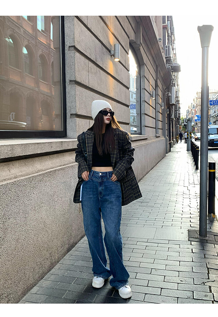 Chenmi Fan Blau Jeans mit hoher Taille und weitem Bein für Damen Herbst Neu Locker lässige gerade Hosen Hoch aussehende lange Hosen