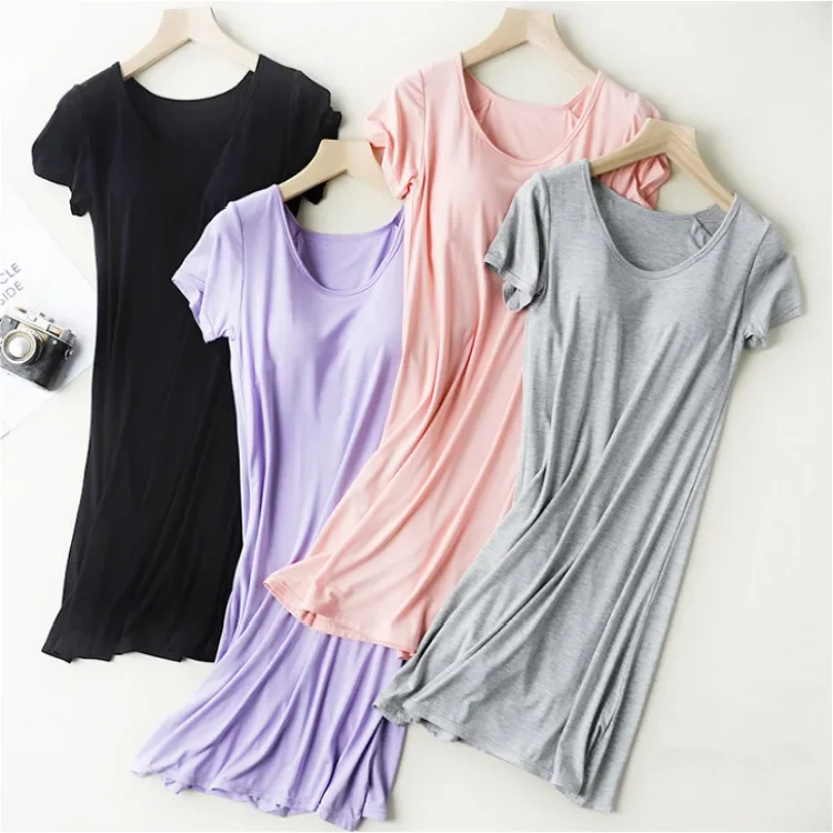 Women's Summer Modal Short Sleeve Solid Color Loose Nightdress Pajamas Wear-Free Bra Half Sleeve Dress Home Wear with Chest Pad