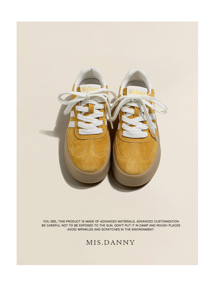 Yellow Genuine Leather Thick Bottom Deqin Shoes Women's Spring Style Casual All-Match Flat Heel Comfortable Sports Sneakers · v7