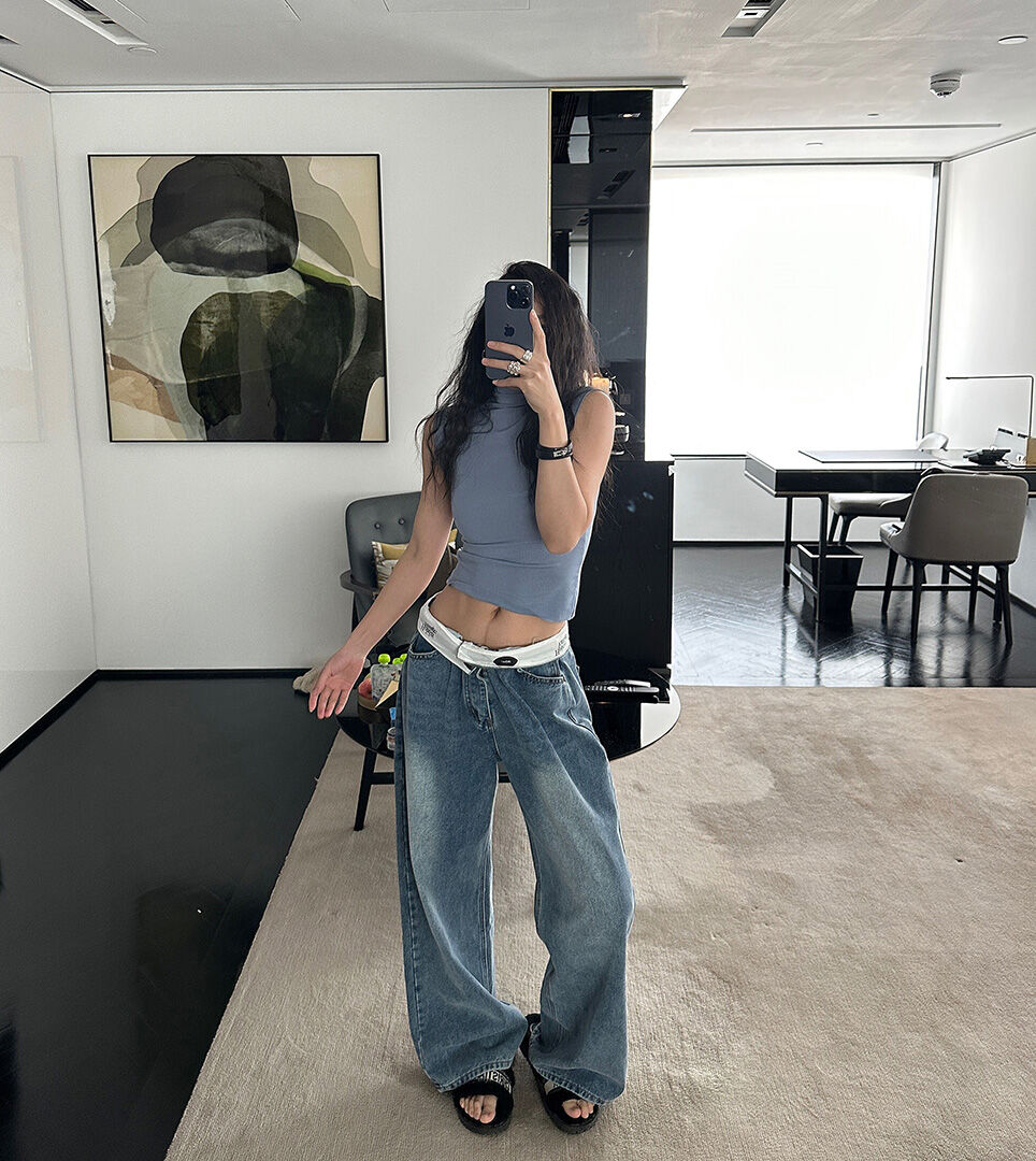 DQSTORE Jeanshose für Damen mit hoher Taille und weitem Bein, hellfarbiges Baumwollmaterial, Frühlings- und Sommersaison, ideal für Geburtstagsfeiern von 18-24