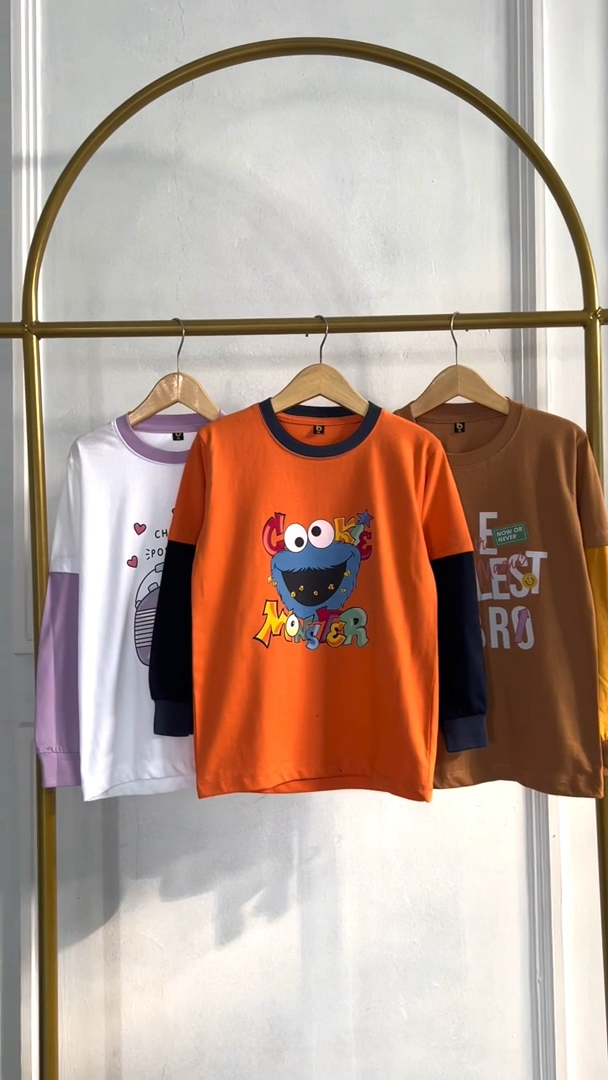 Kaos Anak Laki Laki Perempuan 1-12 Tahun Lengan Panjang Sambung Rib Monster