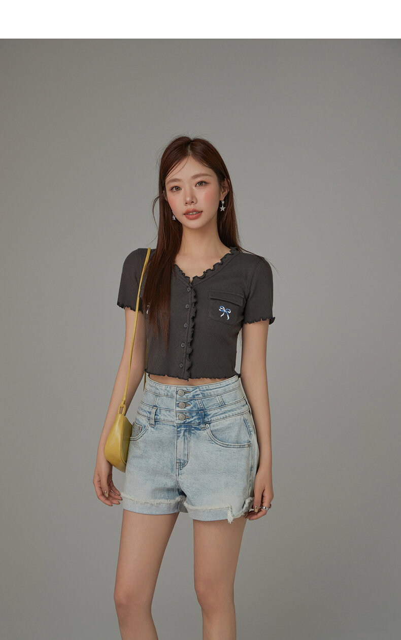 Chuu Butterfly Knot Embroidery Short Sleeve T-Shirt Women's New Summer Spicy Hollow out Ear Short Top Korean Style Cotton V-neck