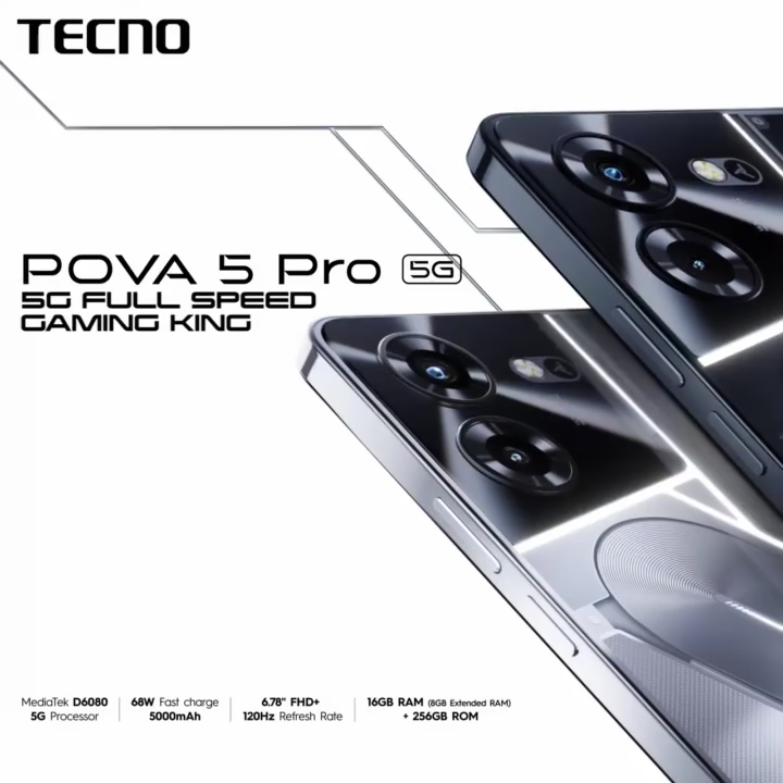 TECNO Pova 5 Pro 5G Smartphone, 8GB RAM, 256GB ROM, MTK Dimensity 6080 5G, 50MP AI Dual Rear Camera, 5000mAh Mega Battery 68W Ultra Charge, 6.78”  FHD+ Dot-in 120Hz Display