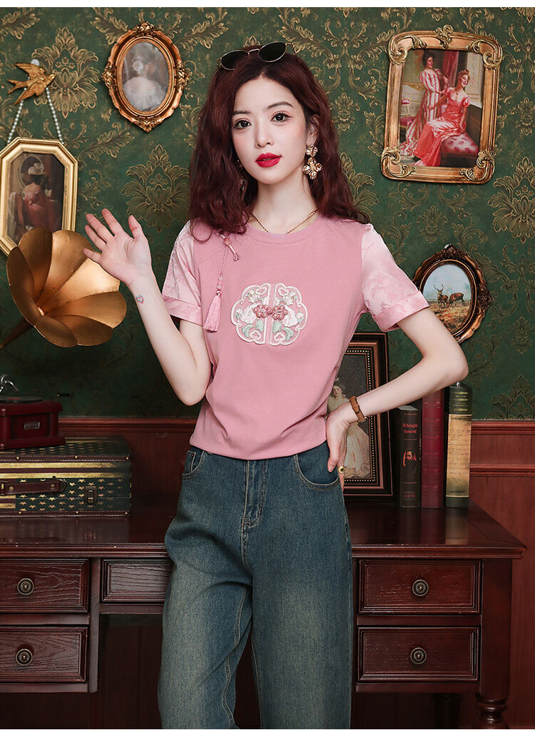 New Summer Chinese Style Women's Loose Fit Short Sleeve T-Shirt Embroidered Slimming Top Trendy round Neck Cotton Casual Wear · v3