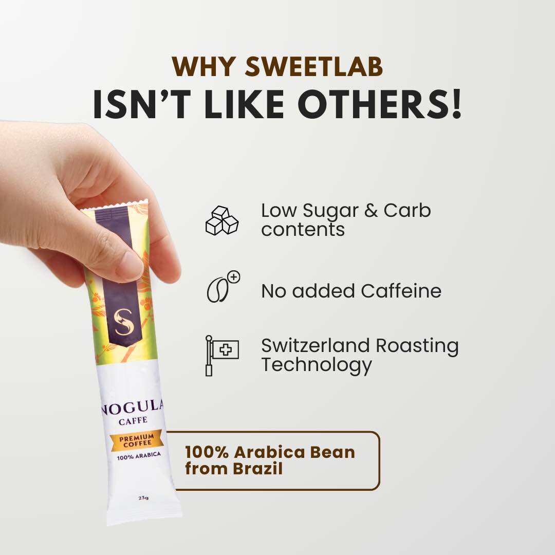 SweetLAB Nogula Caffe 100% Arabica 3 in 1 Instant Coffee | Halal | Low Sugar Diet (20 sachets/pouch). 