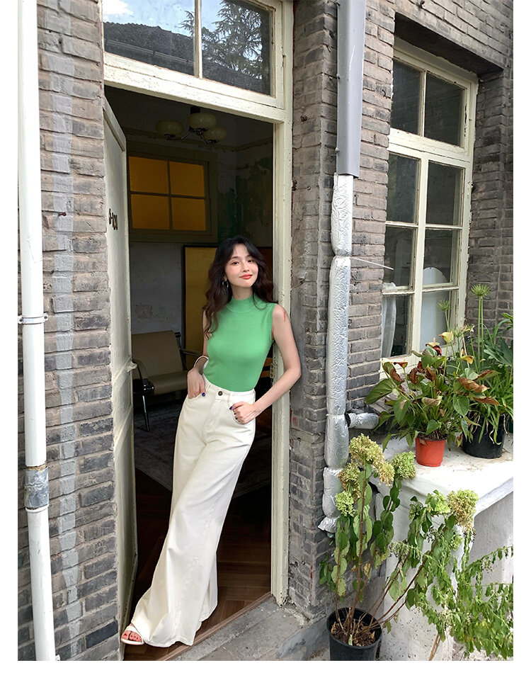 Wine Noon [Xixi] Hong Kong Style Retro Autumn High Waist Slim-Fit Wide-Legged Pants Micro-La Mop Pants White Denim Female · v2