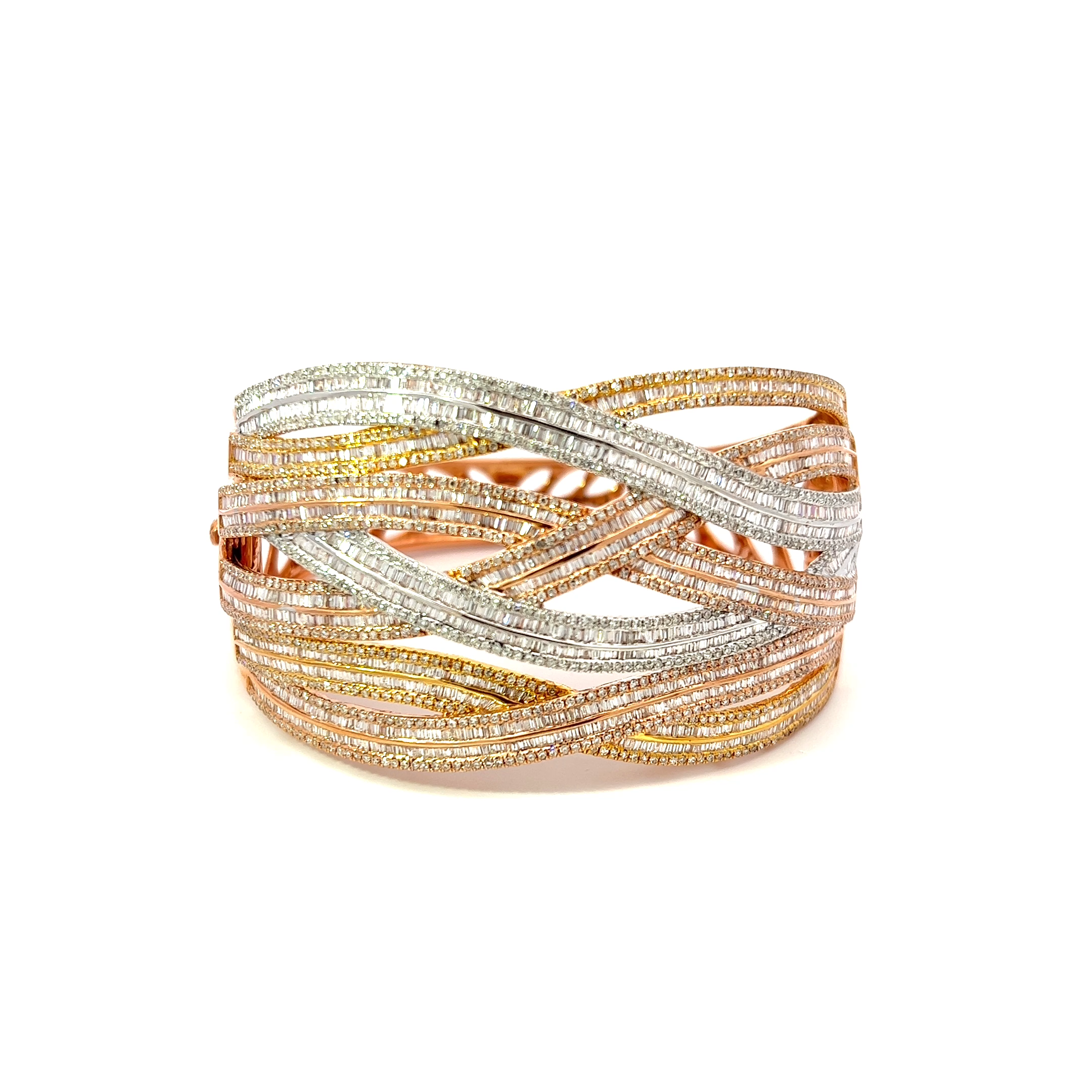 ESOTICO JEWELRY BANGLE W/ 1196 Baguettes & 917 Round Diamond Chip (6.419) 14K Yellow Gold, White Gold, Rose Gold