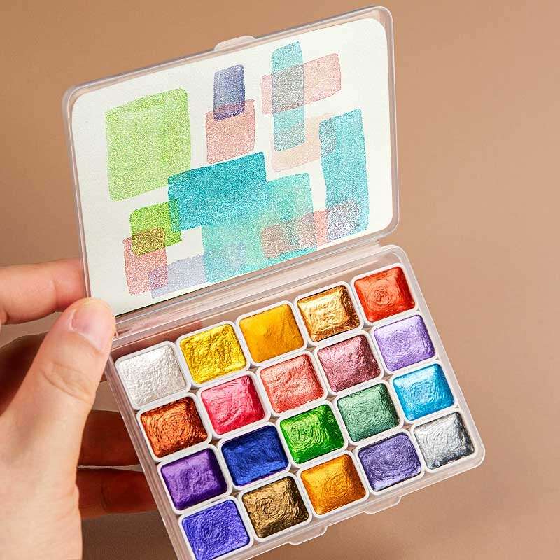 Metallic Pearlescent 20 Colors Solid Watercolor Paint Set with Portable Box Glitter Watercolor Pigments for Painting Writing
