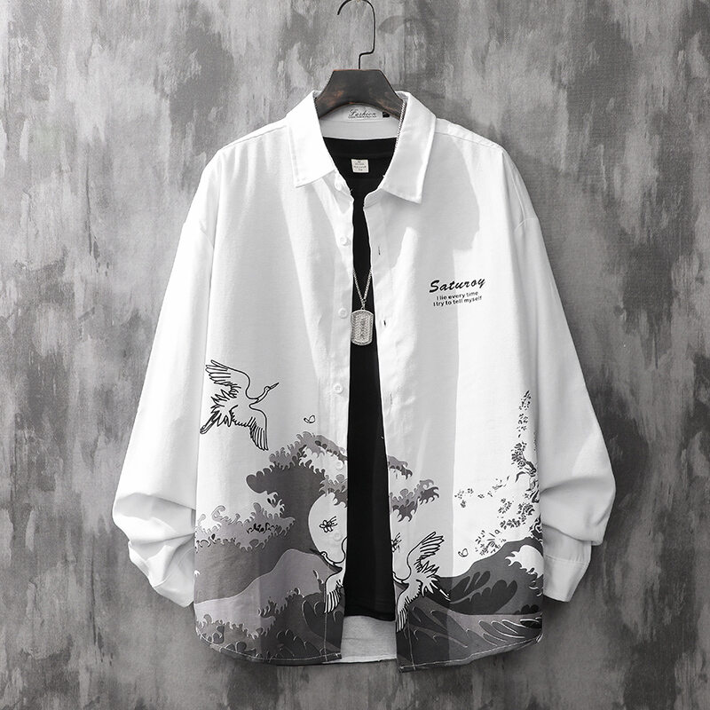 Simple Retro Japanese Style UkiyoE ShortSleeved Shirt Men's Loose