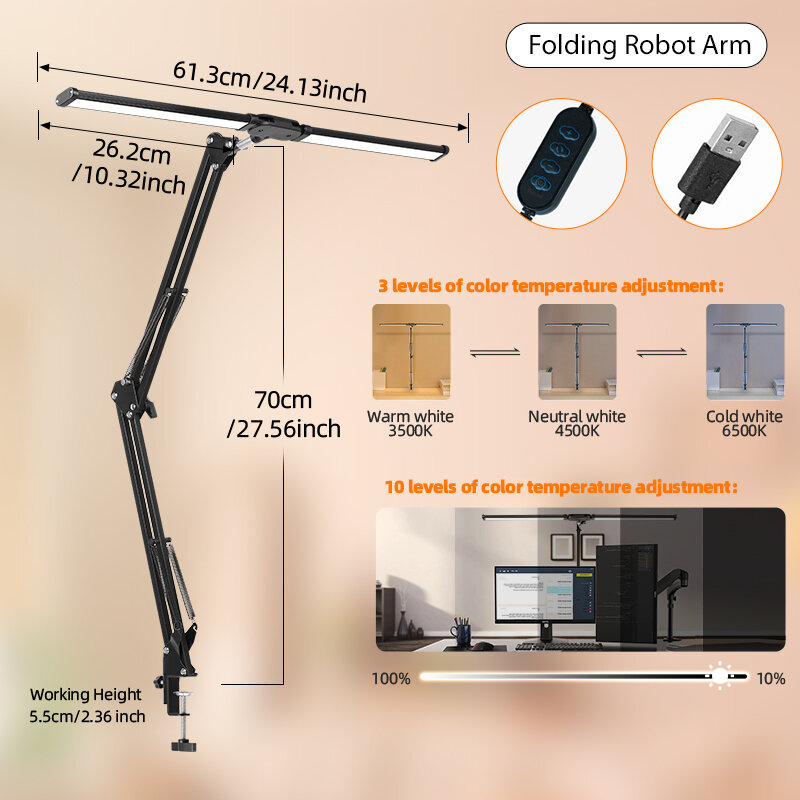 CANMEIJIA LED Table Lamp Stepless Dimmable Double Head Desktop Reading Light Computer Monitor Light Clip USB Plug 3 Color Foldable Led Desk Lamps for Office Working Gaming Students Study Eyes Protection Lighting Fixture