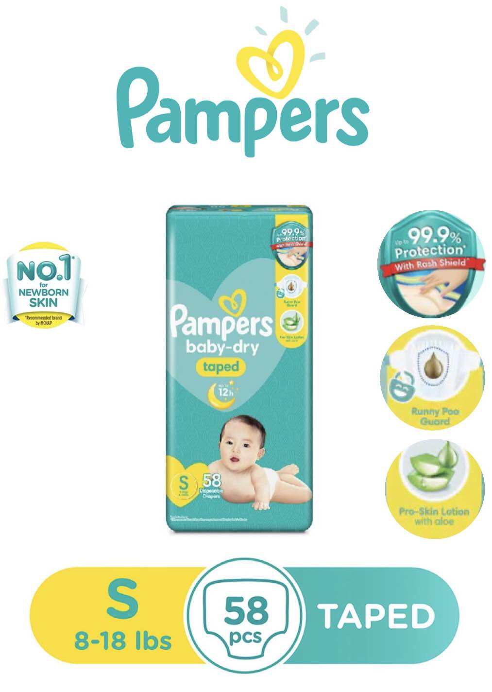 PAMPERS Baby Dry TAPED Diaper SMALL Size S (3-8kg) 58 per pack