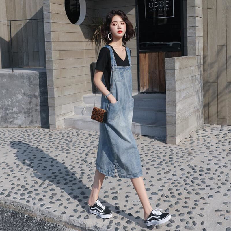 Korean Style Denim Overalls Dress - High Waist Slimming Midi A-Line Skirt  For Women | Lazada Singapore