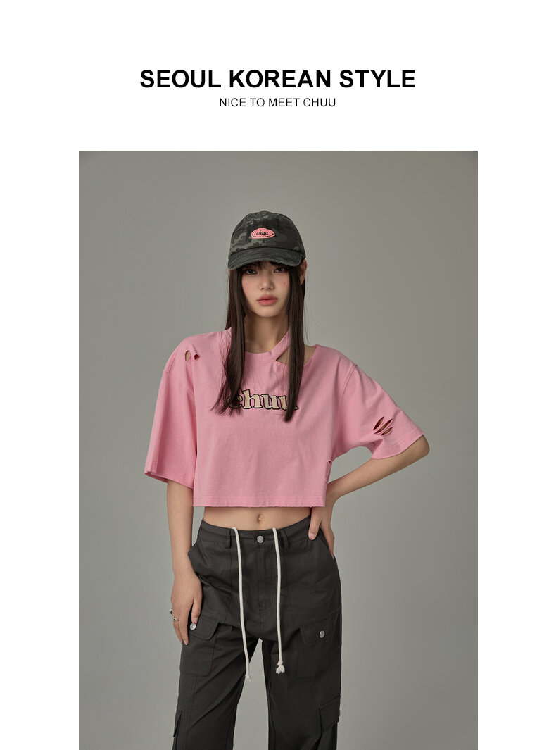 Chuu Letter Patch Embroidery Hole T-Shirt Women's Summer New Basic School Hollow out Shoulder Loose Top Asymmetrical Korean Style Cotton Polyester · v2