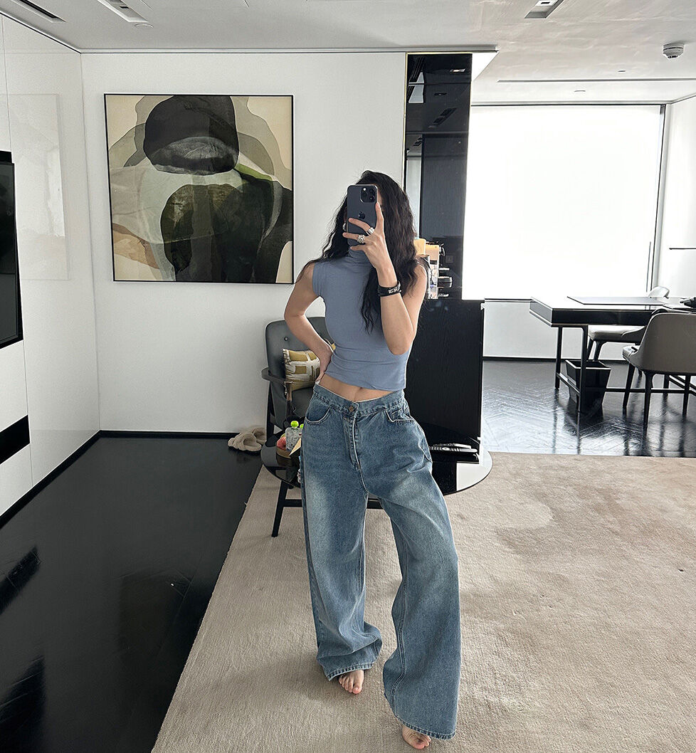 DQSTORE Jeanshose für Damen mit hoher Taille und weitem Bein, hellfarbiges Baumwollmaterial, Frühlings- und Sommersaison, ideal für Geburtstagsfeiern von 18-24
