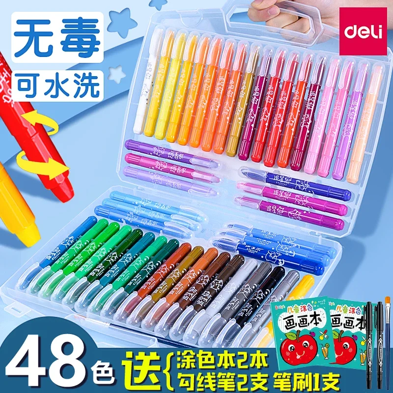 Deli Water Soluble Rotating Oil Pastel Children's Colored Crayons Kindergarten Safety Non-Toxic Washable Magic Marker Pen Baby Brush Children Graffiti Non-Dirty Hands Crayon 12 Colors 24 Colors 36 Colors 48 Colors