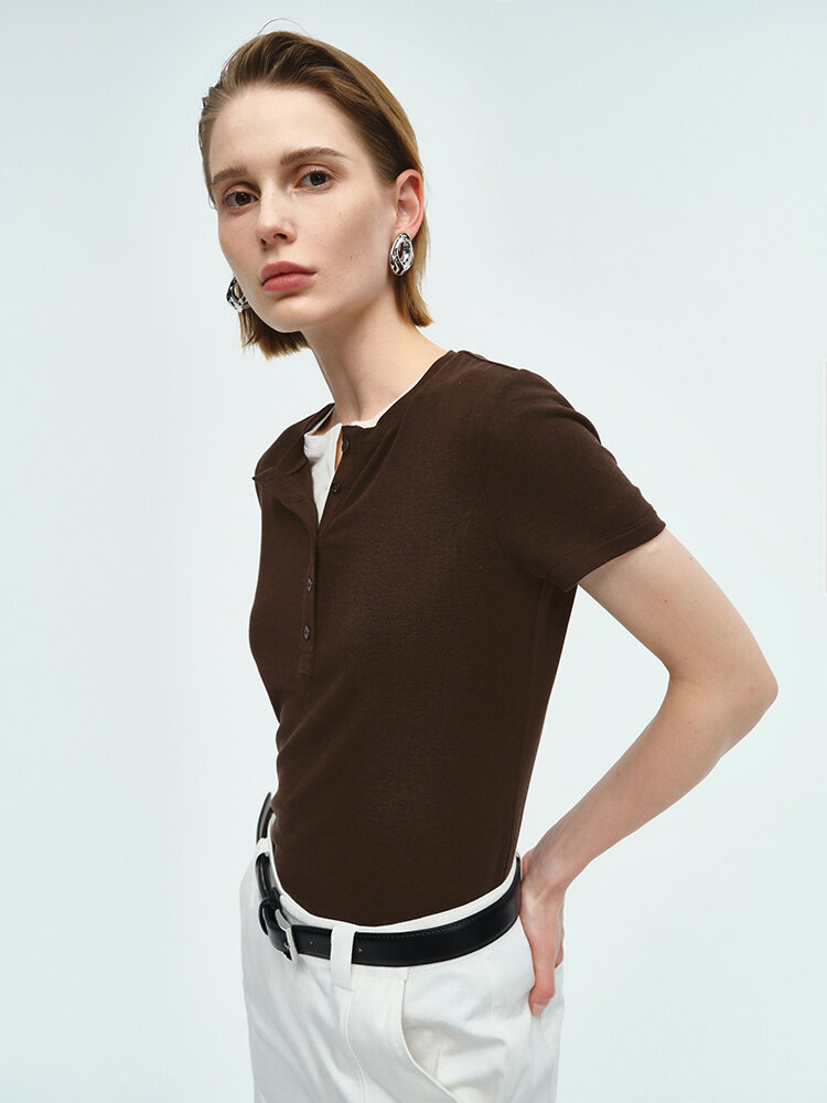 RoseLingLing Ultra-Fine Australian Silk Wool Blend Slimming Knit T-Shirt with Henley Collar for Women Casual Summer Style