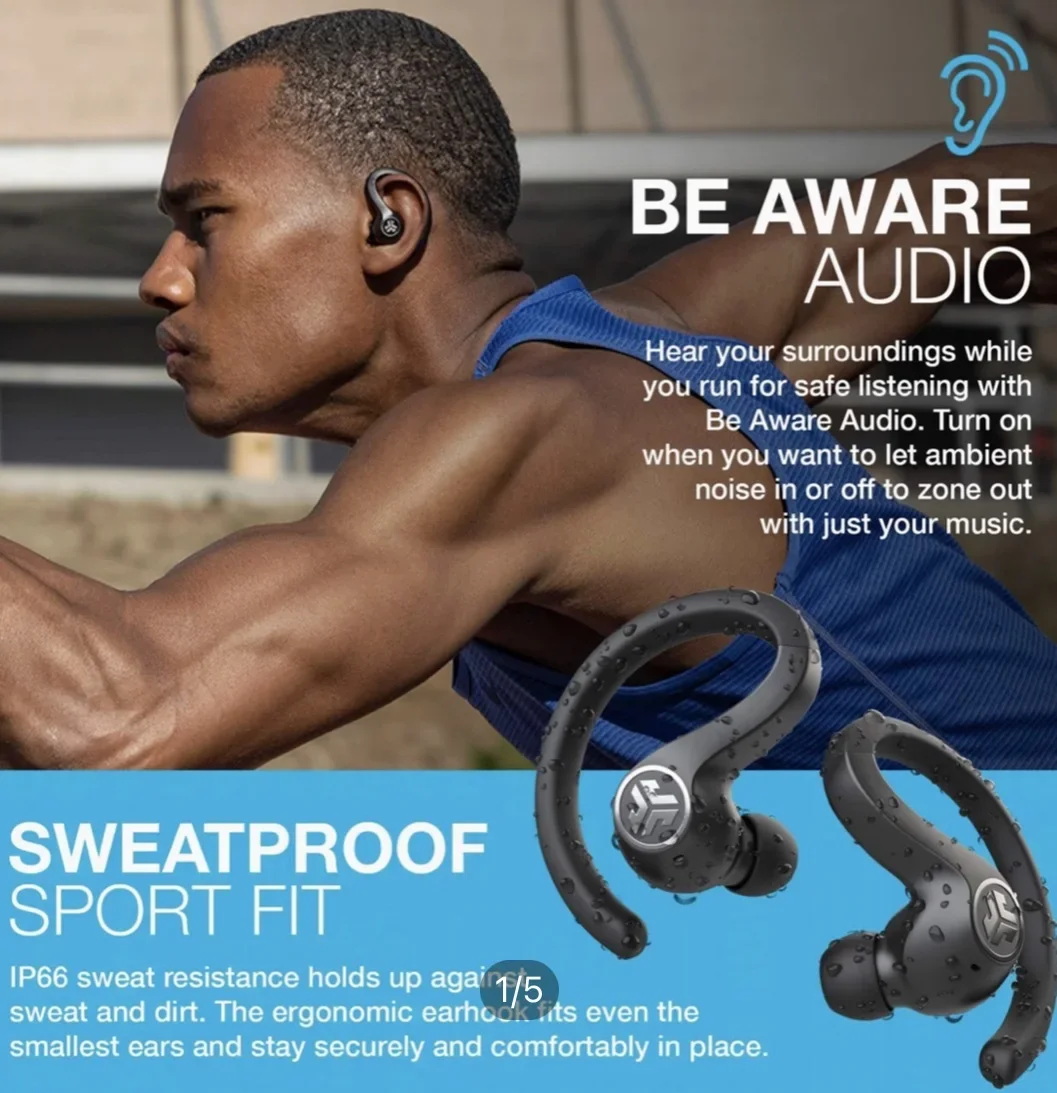JLab Audio JBuds Air Sport True Wireless Bluetooth Earbuds + Charging Case - White - IP66 Sweat Resistance - Class 1 Bluetooth 5.0 Connection - 3 EQ Sound Settings JLab Signature, Balanced, Bass Boost (2 Years Local Warranty)
