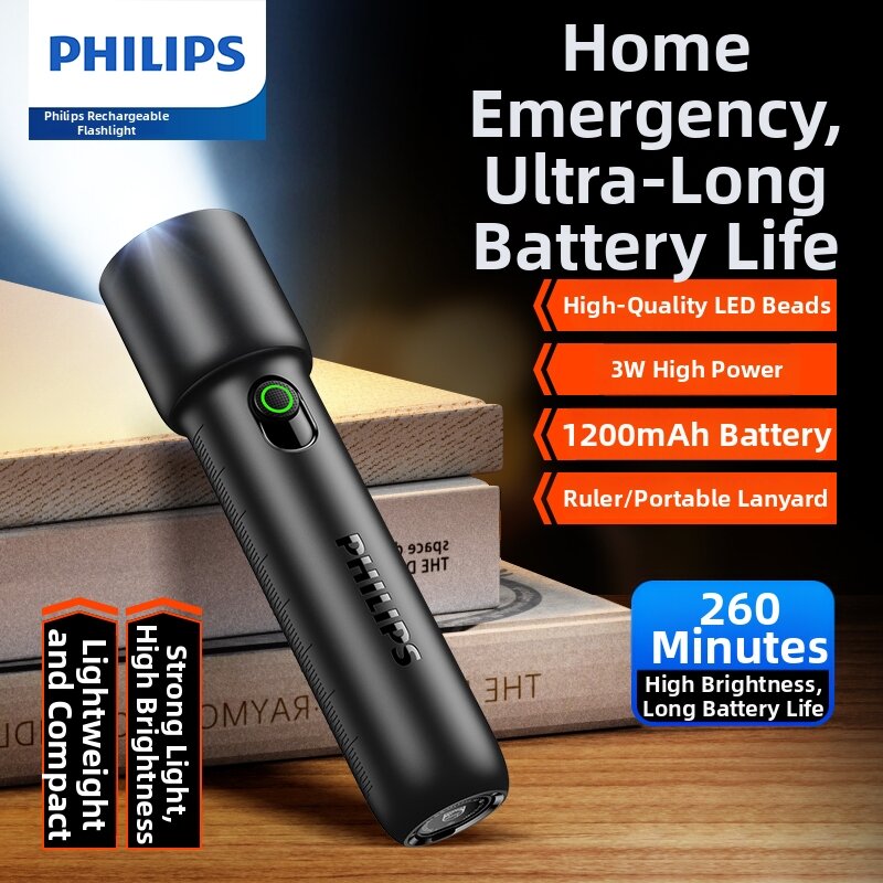Philips Portable High Brightness Long Endurance Small Emergency Flashlight USB Rechargeable Multifunctional Handheld Torch