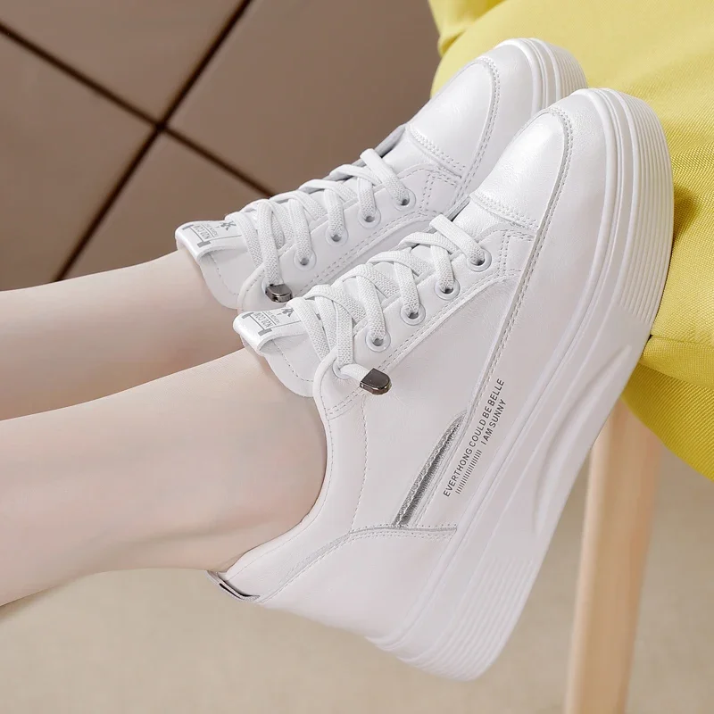 Leather White Shoes Women's Hidden Height 2021autumn New Thick Bottom Korean Style Versatile Muffin Travel Casual Shoes
