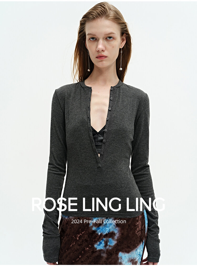RoseLingLing Ultra-Fine Australian Silk Wool Blend Slimming Knit T-Shirt with Henley Collar for Women Casual Summer Style