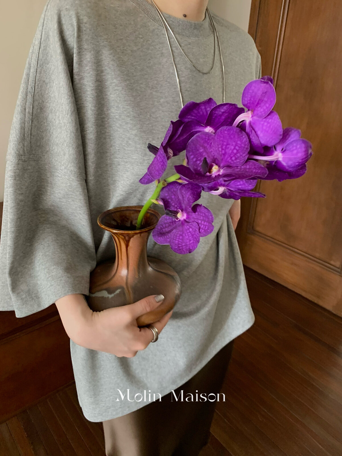 Molin ROW Batwing Sleeve T-Shirt Women's Loose Side Slit Oversize Summer Short Sleeve Cotton Polyester Blend round Neck Top