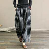Lieoyuarn | Solid Color Retro Linen Stripes Slim Fitting Loose Pants Dangle Comfort Easy Waist Straight Trousers